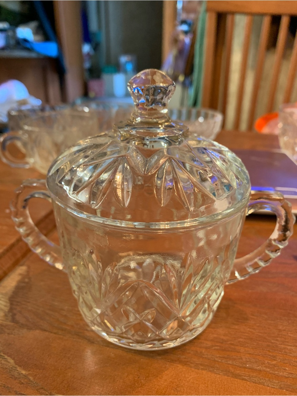 Anchor Hocking Clear Crystal-Cut Covered Sugar Bowl with Handles Vintage